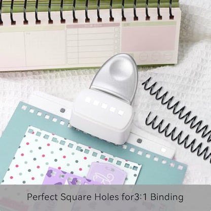 5-Hole Punch Square Paper Punch Manual Book Binding Machine with 20PCS 3:1 Pitch Plastic Spiral Binding Coils for Planners, Notebooks, Journals or Scrapbooks (Silver and White)