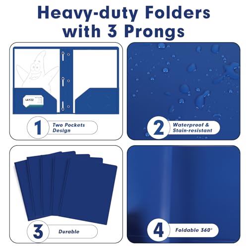 Plastic 2 Pocket Folders with Prongs, 30 Pack, Heavyweight, Letter Size Poly Folders with 3 Metal Prongs Fastener Clips (Blue) - color: Blue