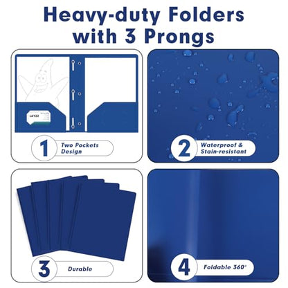 Plastic 2 Pocket Folders with Prongs, 30 Pack, Heavyweight, Letter Size Poly Folders with 3 Metal Prongs Fastener Clips (Blue) - color: Blue