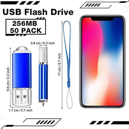 Hoteam 50 Pack USB 2.0 Flash Drives Bulk Blue Portable Thumb Drive with Hat USB Sticks Bulk with 50 Pcs Lanyards for Data Storage File Sharing Commercial Gift(256MB) - size: 256 MB