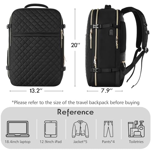 MOMUVO Large Travel Backpack Women, Flight Approved Carry On Backpack, Water Resistant Anti-Theft Casual Daypack Bag Fit 18.4 Inch Laptop with USB Charging Port, Black - color: Black, size: 18.4 inch