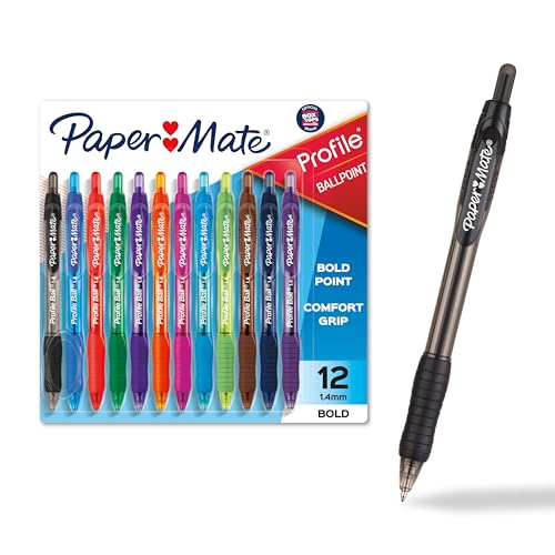 Paper Mate Profile Retractable Ballpoint Pens, Bold Point (1.4mm), Assorted Colors, 12 Count - Back to School, Office, Teacher Supplies - color: Assorted, size: 12 Count (Pack of 1)