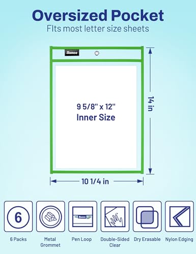 SUNEE 6 Packs Oversized Reusable Dry Erase Pocket Sleeves with Ring, Green 10x14 Ticket Holders, Clear Plastic Sheet Protectors, Teacher School Classroom Supplies - color: Green, style: 6 Pack