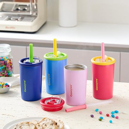 Gencywe Kids Stainless Steel Cups with Straws and lids | 12 oz Spill-Proof Sippy Smoothie Tumbler Set, Small Kids Snack & Drink Water Cups, BPA-Free, Dishwasher Safe, with Box (Age: 3+ years old & up) - color: Pink