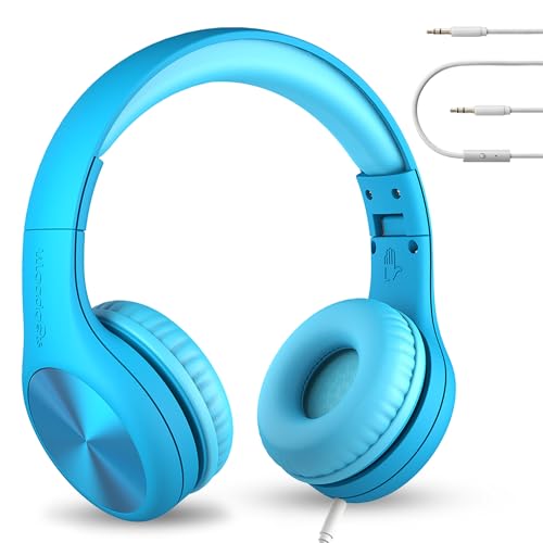 LilGadgets Connect+ Pro Wired Kids Headphones for School with Microphone, Volume Limiting Over-Ear Headset with Cord, SharePort Technology & SoftTouch Padding, Blue - color: Blue, size: Plain