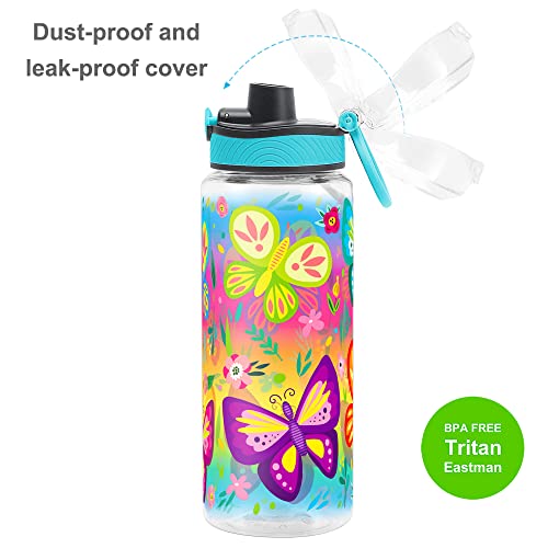 Cute Water Bottle for School Kids Girls, BPA FREE Tritan & Leak Proof & Easy Clean & Carry Handle, 23oz/ 680ml - Butterfly - color: Butterfly