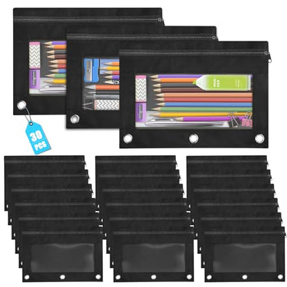 Ochido Pencil Pouch for 3 Ring Binder Bulk, 30 Pack in Black, Sturdy and Durable 3-Hole Binder Cloth Pencil Bag, Zipper Pencil Case with Clear Window for Storing School Office Supplies - color: 30pack Black