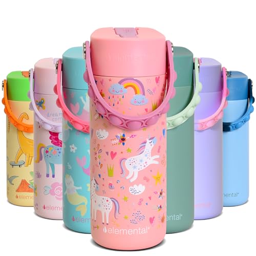 Elemental Insulated Kids Water Bottle, Stainless Steel Water Bottle with Straw Lid & Pop-It Handle, Leak-Proof Water Bottles for School, Boys or Girls, Travelling and Sports, 18oz - Pink Unicorn - color: Pink Unicorn