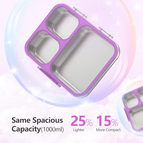 Stainless Steel Bento Lunch Box, 34oz/1000ml Leak Proof Metal Container, Lightweight 3mm Ultra-Narrow Bezel with Tritan Lid for Kids & Adults, 3-Compartment, BPA/BPS Free, Dishwasher Safe, Purple - color: Purple, size: 34oz/1000ml