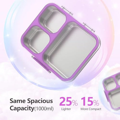 Stainless Steel Bento Lunch Box, 34oz/1000ml Leak Proof Metal Container, Lightweight 3mm Ultra-Narrow Bezel with Tritan Lid for Kids & Adults, 3-Compartment, BPA/BPS Free, Dishwasher Safe, Purple - color: Purple, size: 34oz/1000ml