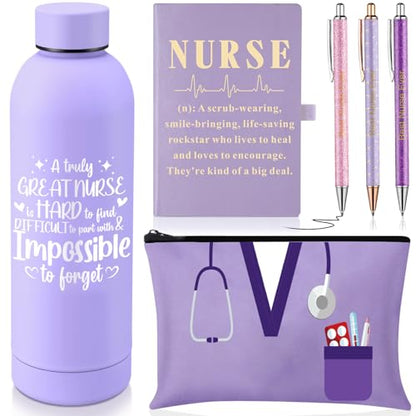 6 Pcs Nurse Gifts Set for Women Men, Rn Appreciation Thank You Gift for Nurses Week Graduation Birthday, 16oz Vacuum Insulated Water Bottle, Makeup Bag, Notebook, Ballpoint Pens(Purple) - color: Purple
