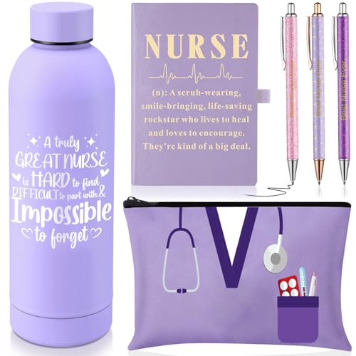 6 Pcs Nurse Gifts Set for Women Men, Rn Appreciation Thank You Gift for Nurses Week Graduation Birthday, 16oz Vacuum Insulated Water Bottle, Makeup Bag, Notebook, Ballpoint Pens(Purple) - color: Purple