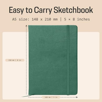 BROWNSTONE JOURNALS A5 Sketch Book Hardcover - 80 Sheets 100 GSM Paper 5"x8", Lay Flat, Vegan Leather Cover, Elastic Band, Back Pocket, Art Drawing Book (Dartmouth Green) - color: Dartmouth Green, size: A5 (5" x 8")