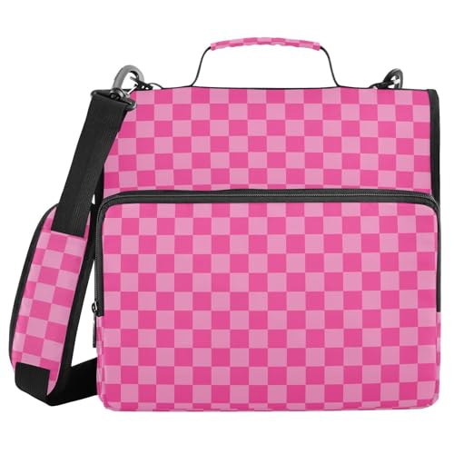 Zipper Binder Bag 3 Ring File Folder Portfolio Organizer Zippered Binder Bags with Strap Fits Laptop Women Men - color: 26-pink Checkered