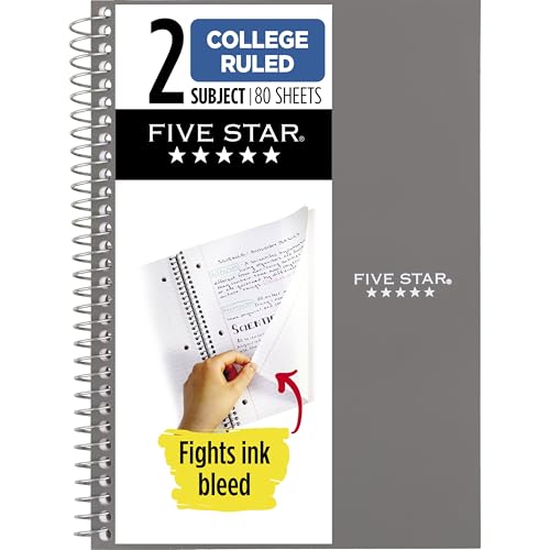 Five Star Spiral Notebook, 2 Subject, College Ruled Paper, 6" x 9-1/2", 80 Sheets, Fights Ink Bleed, Water Resistant Cover, Gray (840029AA3-ECM) - color: Gray, size: Pack of 1