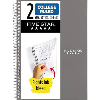 Five Star Spiral Notebook, 2 Subject, College Ruled Paper, 6" x 9-1/2", 80 Sheets, Fights Ink Bleed, Water Resistant Cover, Gray (840029AA3-ECM) - color: Gray, size: Pack of 1