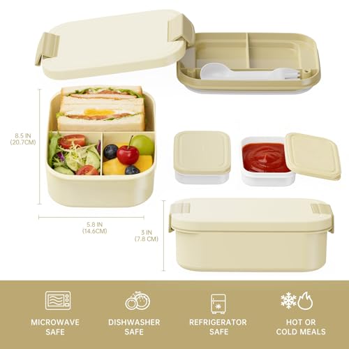 JBGOYON 4-in-1 Bento Box and Insulated Lunch Bag Set, Khaki | 6-hour insulation, 7.5 L lunch bag, leakproof 1.9 L container with 2 sauce cups, fork and spoon, 2 snack bags, BPA-fre - color: Khaki