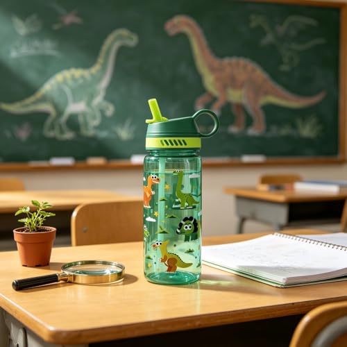18oz Large Capacity Kids Water Bottle, Sturdy and Drop-resistant | Leak Proof, BPA Free, with Straw & Handle for School Travel, Dishwasher Safe - color: Dinosaur