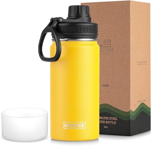 koodee Water Bottle-16 oz Stainless Steel Double Wall Vacuum Insulated Wide Mouth Water Bottle for Back to School-Reuasble Metal Flask with Leakproof Spout Lid (Yellow) - color: Yellow, size: 16 Ounces