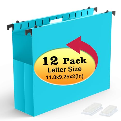 Shutex Extra Capacity Plastic Hanging File Folders,12 Pack Reinforced Expanding Hang Folder Letter Size,Accordian Pocket,Heavy Duty 2 Inch Expansion, Hard Hanging Folder Organizer for Office Home,Blue - color: Blue