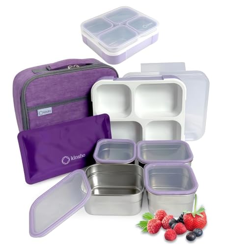 kinsho Stainless Steel Bento Lunch Box Set For Adults, Kids - Insulated Bag And Ice Pack - Leak-Proof Metal Compartment Meal Prep Food & Snack Containers For Work Travel School Daycare, 36 Oz Purple - color: Purple, size: 36 OZ