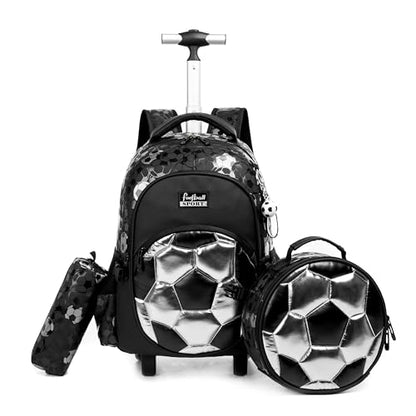 Kids Rolling Backpack for Boys Roller Backpack with Wheels Elementary Kindergarten School Students Football Trolley School Bag for Boys - color: Silver