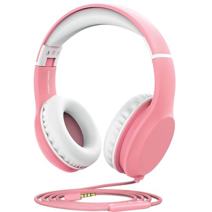 FosPower Kids Headphones with 3.5mm Laced Cables, Children & Teens Over The Ear Foldable Adjustable Headset w/Built-in Mic for Smartphones/PC/Tablet/Laptop/School (Max Volume 85dB) – Pink/White - color: 08 - Pink/White