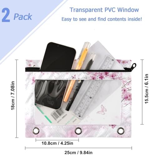 Studying 2 Pack Pink Cherry Blossom Trees Butterfly 3 Ring Binder Pencil Pouch Bags,Clear Window Zipper Storage Case for Boys Girls School Office Supplies Cosmetics Organizers - color: Multi-cherry Blossom