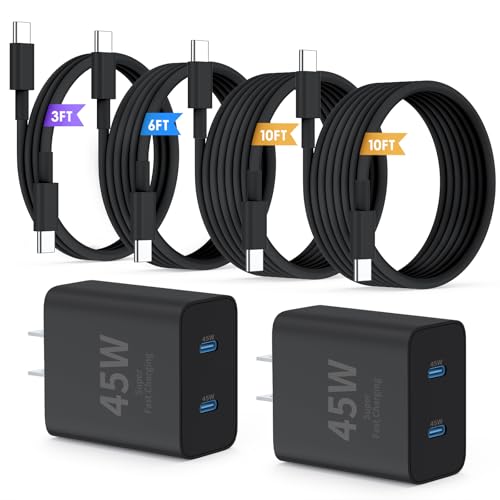 QZIIW Super Fast Samsung Charger Type C,45W Dual Port USB C Fast Charger Block [2-Pack] & Extra Long 60W 3/6/10/10FT USB C Cable - PD Quick Charging 3.0 For Samsung Galaxy S25 Ultra/S24+/S23 iPhone 16 - color: Black, size: 3FT+6FT+10FT+10FT