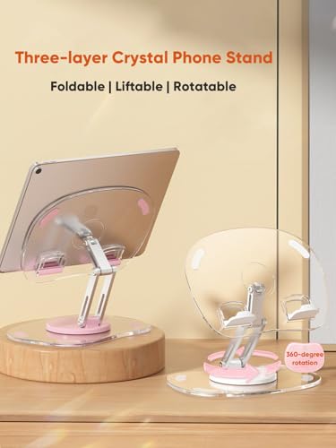 360 Degree Rotating Tablet Phone Holder Height Adjustable, Portable IPad Stand Transparent and Foldable, Adjustable Tablet Holder for iPad Air 5/4/Mini 6/Mini 5/10.2/Pro 12.9/Pro 11, Monitor, Pink - color: Pink