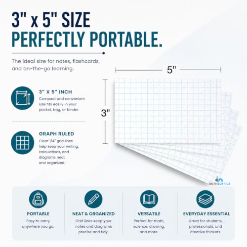 1InTheOffice Index Cards 3x5 Graph Ruled White, Grid Index Cards 200/Pack
