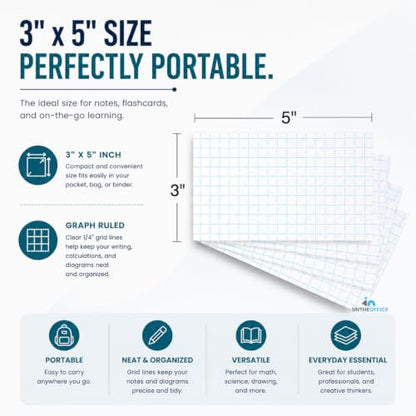 1InTheOffice Index Cards 3x5 Graph Ruled White, Grid Index Cards 200/Pack