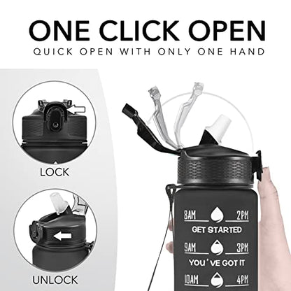 Hyeta Water Bottle with Straw & Time Marker, Plastic 32oz Leakproof | Motivational Tritan BPA Free Gym Office Outdoor Intake Tracker Hourly Reminder Straw Lid Carry Strap - color: Black Matte