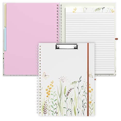 Rimilak Spiral Clipboard Folio with Refillable Lined Notepad, 14.5 x 9.8 In, Hardcover Cover with 5 Interior Pockets, Elastic Band and Pen Loop Series. Cute Stylish Clipfolio, Butterfly Flower - color: Butterfly Flower