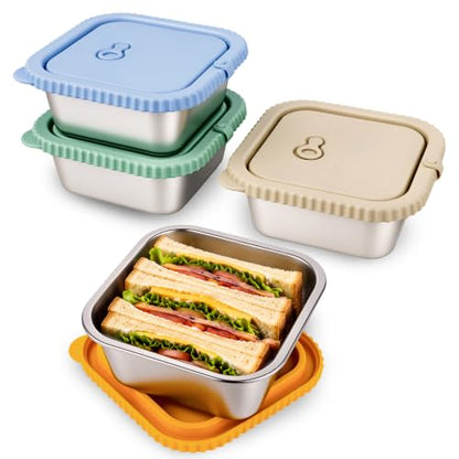 4 Pack 32oz Stainless Steel Sandwich Containers with Silicone Lids | Metal Snack Bento Box, Leakproof, Meal Prep, Office Lunch, Travel, Picnic, Stackable, Dishwasher Safe, BPA Free - color: 4pack-A
