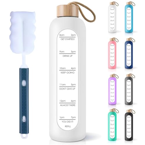 PROBTTL 25 oz Glass Water Bottles - Time Marker Motivational Borosilicate Glass Water Bottle With Silicone Sleeve and Bamboo Lid, Leak Proof, Reusable, BPA Free (White) - color: White, size: 25 Ounces