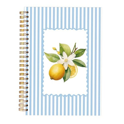 KAOWT Blue Striped Lemon Notebook Journal, Blue and White Lemon Notebooks for Note Taking, Botanical Hardcover Spiral Notebook 5.5x8.3in - color: Summer notbook-lemon blue striped