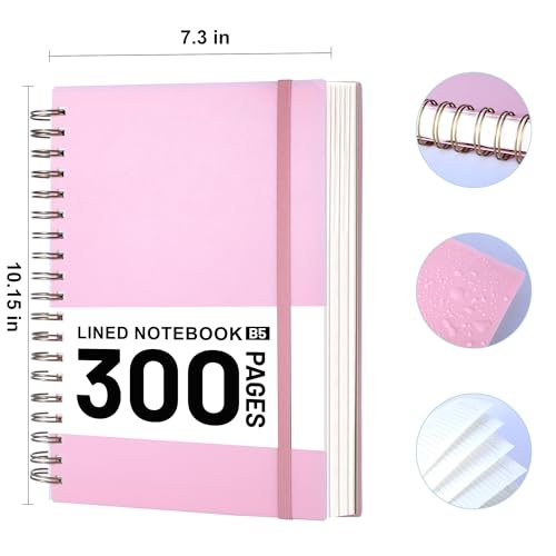 Yoment B5 Spiral Notebook,300 Pages College Ruled Lined Journal,Hardcover | 100GSM thick paper,7 x 10 inches Black hardcover with lay-flat binding and inner pocket for school,office,work,study - color: Pink