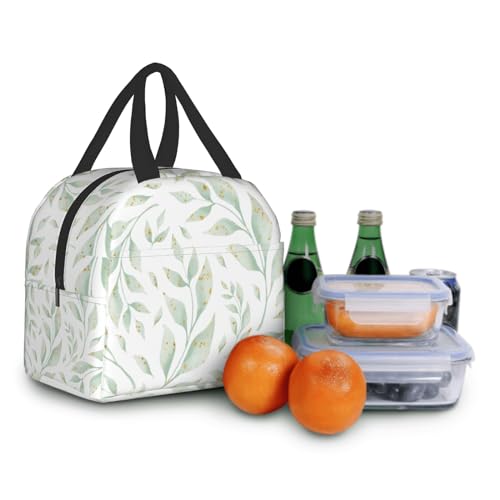 Nerxy Watercolor Leaf Insulated Lunch Bag Spring Sage Green Lunch Box Reusable Cooler Tote Bag Woman 8x5x8.5inch Waterproof Meal Container with Pocket for Work School Travel Office Picnic - color: Leaf