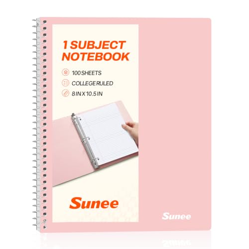 SUNEE Spiral Notebook, 1-Subject, College Ruled Paper, 8" x 10-1/2", 100 Sheets per Notebook, 3-Hole Punched Paper, Water Resistant Cover, Double-sided Pockets, Spiral Lined Notebooks for Work, Pink - color: Pink