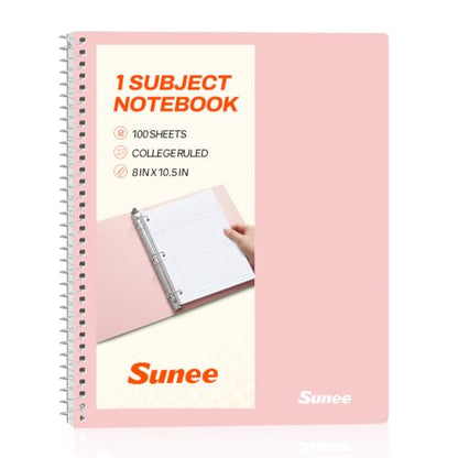 SUNEE Spiral Notebook, 1-Subject, College Ruled Paper, 8" x 10-1/2", 100 Sheets per Notebook, 3-Hole Punched Paper, Water Resistant Cover, Double-sided Pockets, Spiral Lined Notebooks for Work, Pink - color: Pink