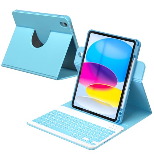 YBING Keyboard Case for iPad 10th Gen 10.9 inch (2022) & 11th Gen (A16, 2025), 7-Color Backlit Detachable Keypad & Rotatable Magnetic Case with Pencil Holder (Blue) - color: Sea Blue