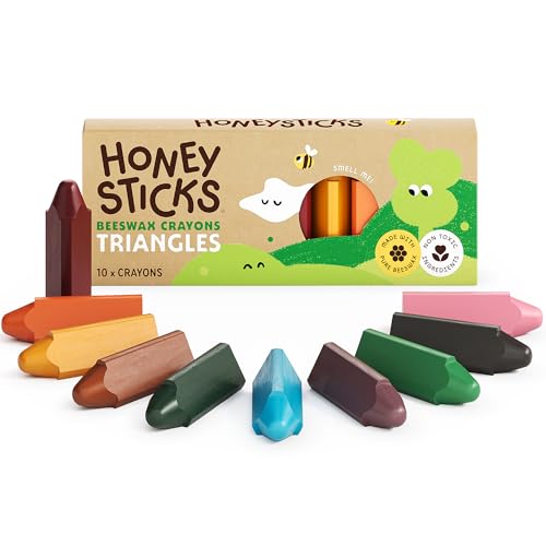 Honeysticks Triangular Crayons (10 Pack) - 100% Pure Beeswax, Food Grade Colors, Non Toxic Crayons for Baby, Toddlers ages 1-3, 2-4, Easy Grip Triangle Shape, Durable, Sustainably Made in New Zealand