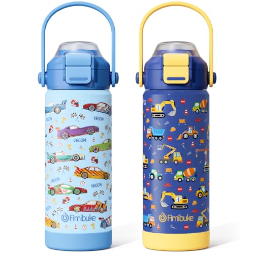 Fimibuke Kids Insulated Water Bottle with Pop-Open Straw & Spout 2-in-1 Lid, 18oz Leak Proof 18/8 Stainless Steel Vacuum Tumbler, BPA-Free Kids Cup For Travel School Boys Girls Toddler 2 Packs - color: Cars & Construction Trucks, size: 18 Ounces