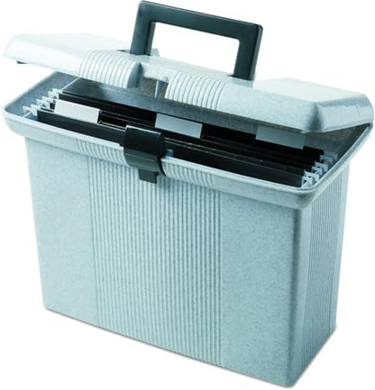 Pendaflex Portable File Box with File Rails, Simple Document Storage, File Bin for Home and Office, Hinged Lid with Double Latch Closure, Granite, 3 Hanging Folders Included, 11" x 14" x 6.5" (41737)