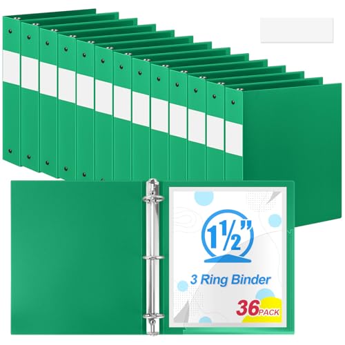 Henoyso 36 Pcs Green 1.5 Inch 3 Ring Plastic Binder Bulk, 1 1/2 Inch Soft Flexible Binders Three Round Rings Fit 8.5x11 Papers for School Office Home File Organization Supplies - color: Green