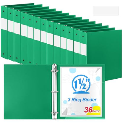 Henoyso 36 Pcs Green 1.5 Inch 3 Ring Plastic Binder Bulk, 1 1/2 Inch Soft Flexible Binders Three Round Rings Fit 8.5x11 Papers for School Office Home File Organization Supplies - color: Green