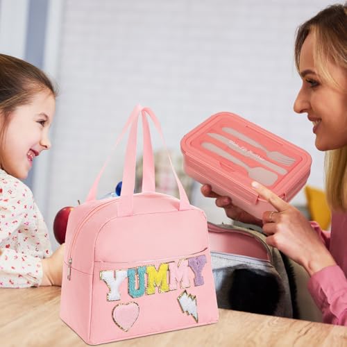 Dandat Preppy Lunch Bag for Women Girl Pink Preppy Lunch Bag Bento Box with Compartments and Soup Cup for Girls Adults Teens School Travel Picnic