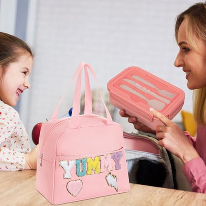 Dandat Preppy Lunch Bag for Women Girl Pink Preppy Lunch Bag Bento Box with Compartments and Soup Cup for Girls Adults Teens School Travel Picnic