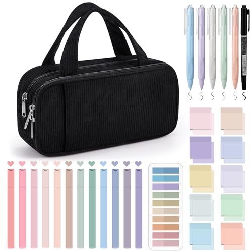 Jutom 39 Pcs Aesthetic Book Annotation Kit Highlighter with Case Bag Gel Pen Transparent Sticky Note Taking Bible Supplies(Black,Classic Style) - color: Black, style: Classic Style